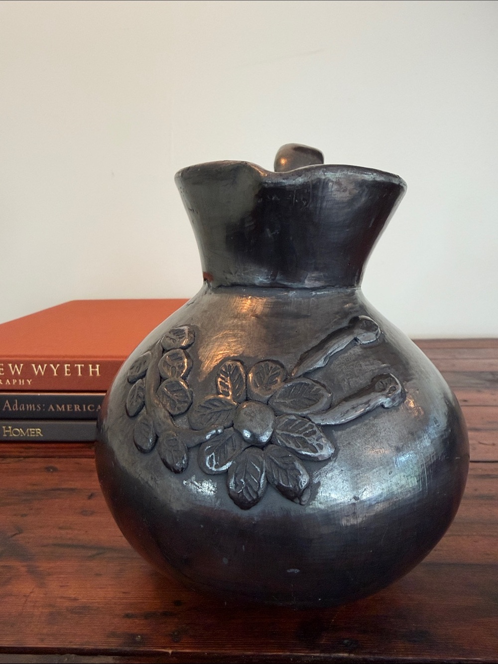 Vintage Dona Rosa Mexico Blackware Pitcher With Raised Florals Signed.
